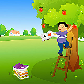 男孩,拿着,书本,攀登,苹果树