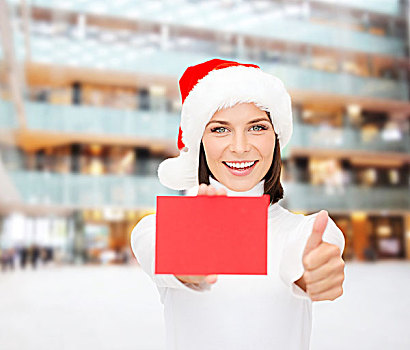 圣诞节,人,广告,销售,概念,高兴,女人,圣诞老人,帽子,留白,红牌,展示,竖大拇指,手势,上方,购物中心,背景