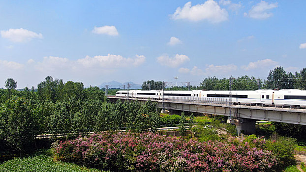 山东省青岛市,航拍蓝天白云下的高铁,成为夏日美丽乡村的一道风景