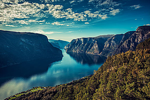 挪威,峡湾,风景,日落,对比,风格,彩色