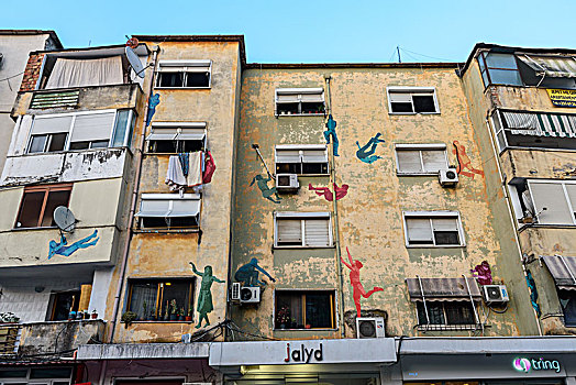 建筑,公寓楼,壁画,阿尔巴尼亚