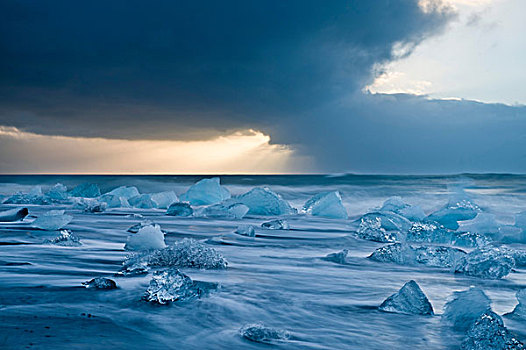 冰山,海滩,雷雨天气,杰古沙龙湖,冰岛