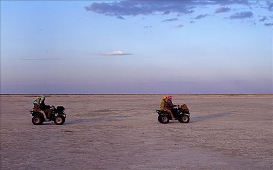 黄昏,游人,穿过,沙滩车,西部,两个,巨大,宽阔,马卡迪卡迪盐沼,区域,北方,卡拉哈里沙漠,一个