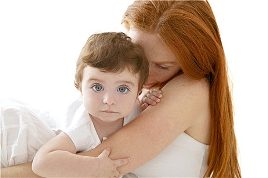 婴儿,红发,母亲,搂抱,白色背景