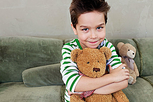 头像,男孩,沙发,搂抱,泰迪熊