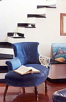 蓝色,天鹅绒,躺椅,正面,黑白,楼梯
