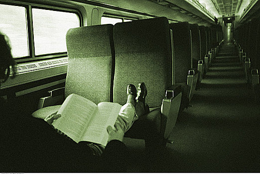 女人,放松,列车,读,书本