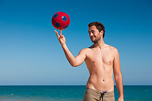 男青年,海滩,玩,足球,度假,平衡性,球,指尖