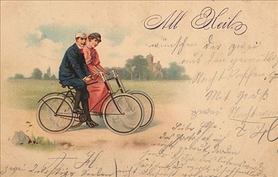 历史,照片,伴侣,骑,自行车,老,文字,1898年