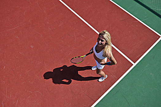 年轻,健身,女人,玩,网球,户外,橙色,场地,早晨