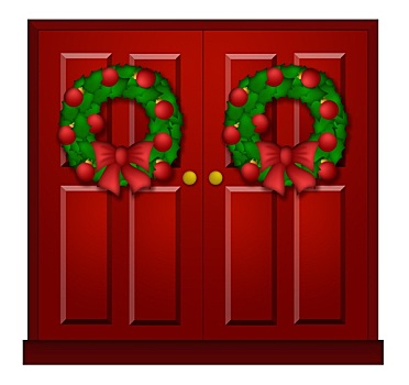 红色,门,圣诞花环,插画