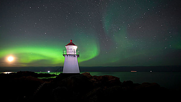 北极光,灯塔,靠近,罗浮敦群岛,挪威,欧洲
