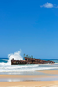 残骸,失事船舶,海滩,弗雷泽岛,昆士兰,澳大利亚,大洋洲