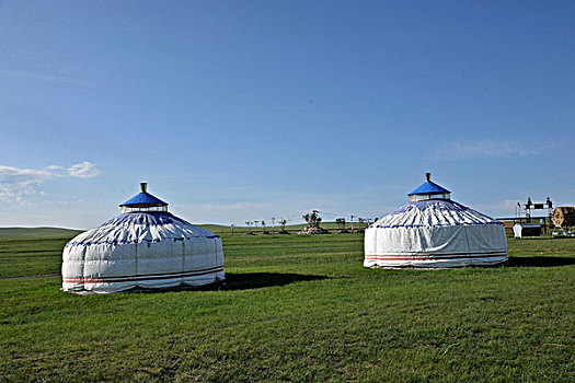 内蒙古呼伦贝尔金,中国第一曲水,莫尔格勒河畔帐汗蒙古部落草原的蒙古包