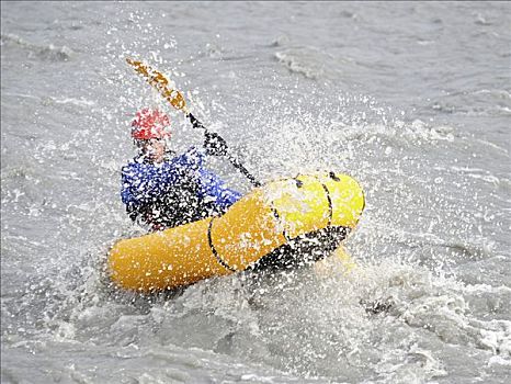 女人,短桨,筏子,马塔努损卡河,河,阿拉斯加