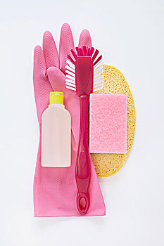 静物清洁产品,包括,菜,磨砂刷,海绵,瓶,粉红色,橡胶手套