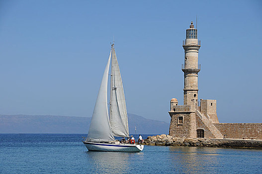 帆船,灯塔,哈尼亚,克里特岛,希腊,欧洲