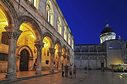 宫殿,大教堂,黄昏,世界遗产,杜布罗夫尼克,达尔马提亚,克罗地亚,欧洲