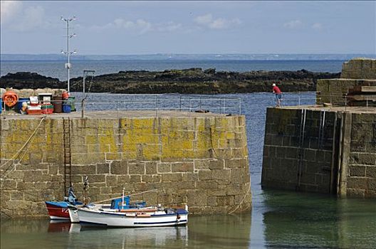 渔船,安全,巨大,港口,墙壁,防护,鼠洞村,康沃尔,英格兰