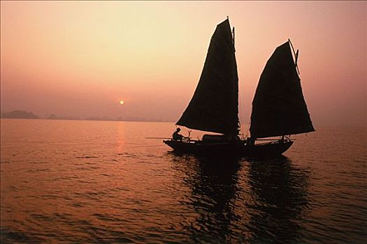 越南,下龙湾,捕鱼,帆船,黎明