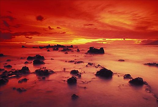 夏威夷,毛伊岛,火山岩,石头,海滩,日落,生动,红色,黄色天空,岸边