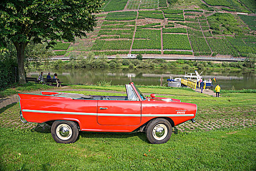 红色,两栖,汽车,河岸,60年代,摩泽尔,莱茵兰普法尔茨州,德国,欧洲