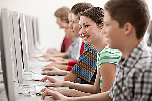多,年轻人,男孩,女孩,学生,电脑课,工作,显示屏