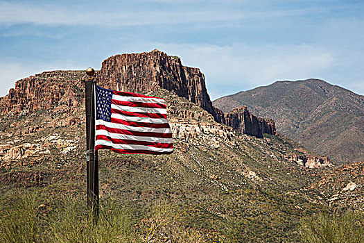 美国,亚利桑那,国家森林,湖,旗帜,山