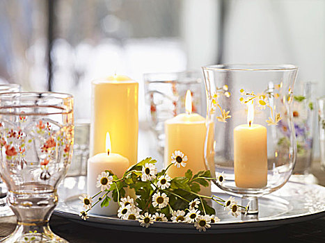 蜡烛,花,银,盘子,玻璃,涂绘