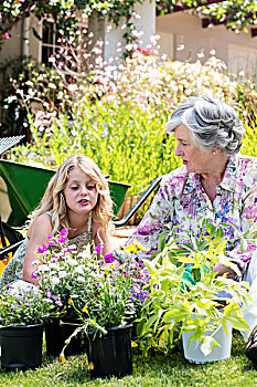 祖母,孙女,园艺,一起,花园