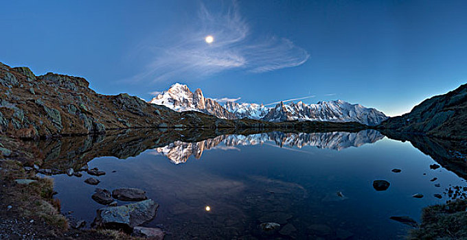 月亮,勃朗峰,反射,日落,夏蒙尼,隆河阿尔卑斯山省,法国,欧洲