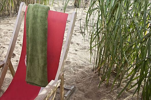 红色,折叠躺椅,绿色,毛巾,海滩