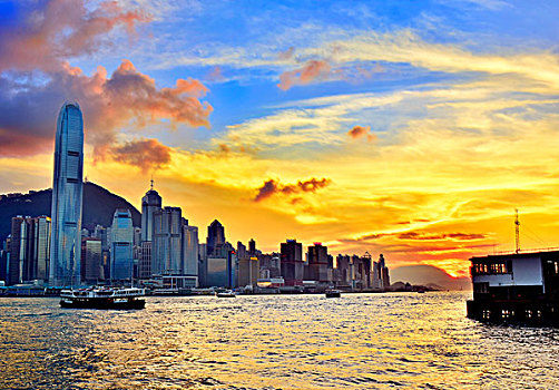 香港,城市,建筑,都市,维多利亚港,晚霞,渡轮
