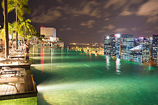 市区,中心,金融区,夜晚,无限,游泳池,码头,湾,沙,新加坡,亚洲