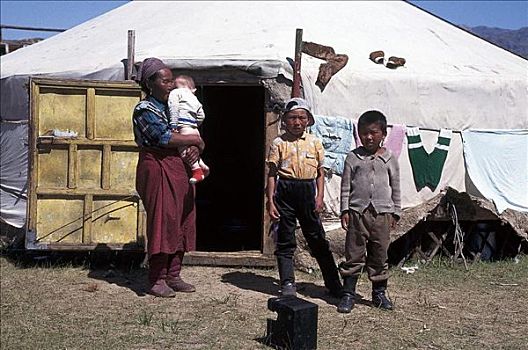帐蓬,老太太,游牧,孩子,草原,蒙古,亚洲