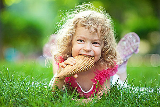 微笑,孩子,吃,冰淇淋,公园