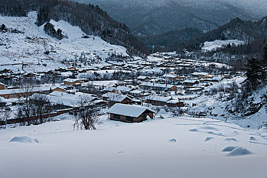 东北冬天山谷里村庄