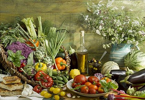 地中海,静物,蔬菜,水果,面包