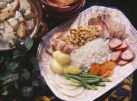 熟食,餐饭,大浅盘,鹰嘴豆,米饭