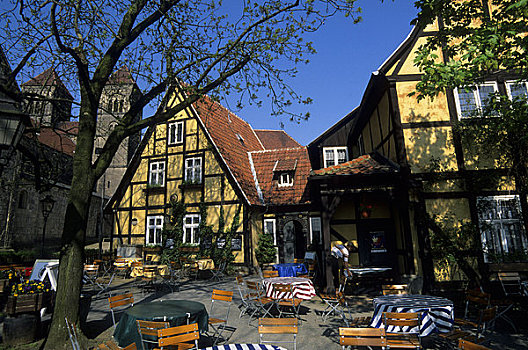 德国,靠近,奎德琳堡,世界遗产,半木结构,房子,餐馆