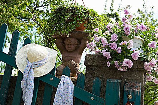 夏天,帽子,雕塑,花园栅栏
