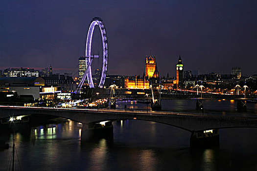 夜晚,伦敦眼,议会大厦,威斯敏斯特,伦敦,英国