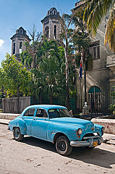 20世纪50年代,蓝色,美洲,汽车,出租车,签到,正面,教堂