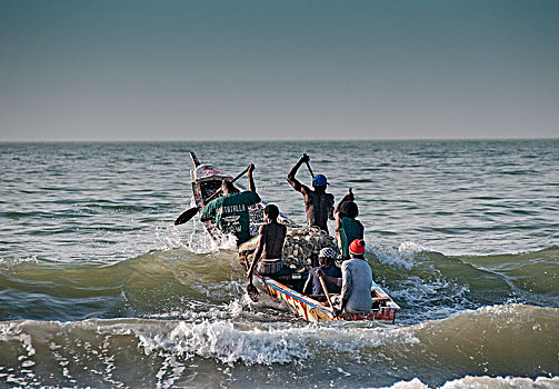 渔民,划船,室外,海滩,冈比亚