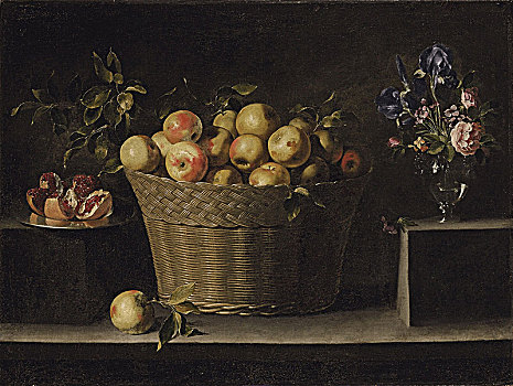 苹果,柳条篮,石榴,银,盘子,花,玻璃花瓶,艺术家