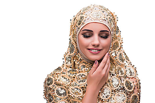 穆斯林,女人,金色,遮盖,隔绝,白色背景