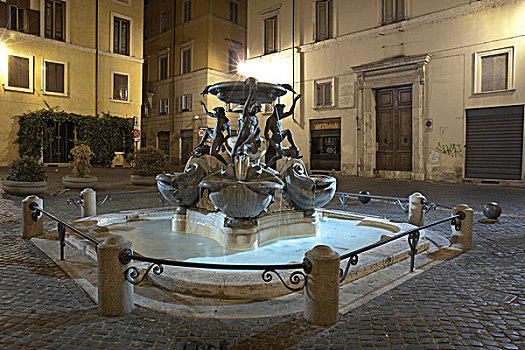 夜晚,风景,建造,设计,青铜,雕塑,龟,上面,修复,巴洛克雕刻家贝尼尼,广场,罗马