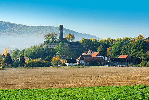 风景,晨雾,秋天,城堡,遗址,乡村,阿尔滕堡,北方,黑森州,德国,欧洲