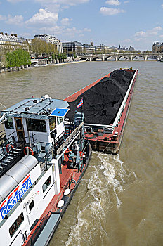 法国,巴黎,煤,驳船,托船,赛纳河,河