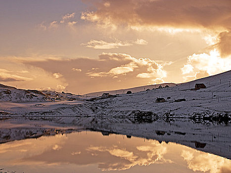 苏格兰,设得兰群岛,雪,日落